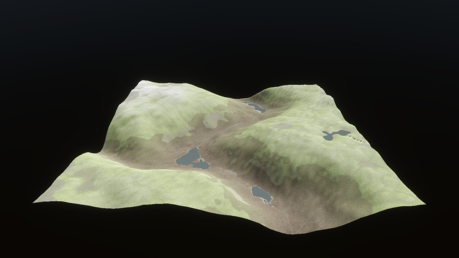 A synthesised valley with lakes, generated by TerraKit and imported into Unity
