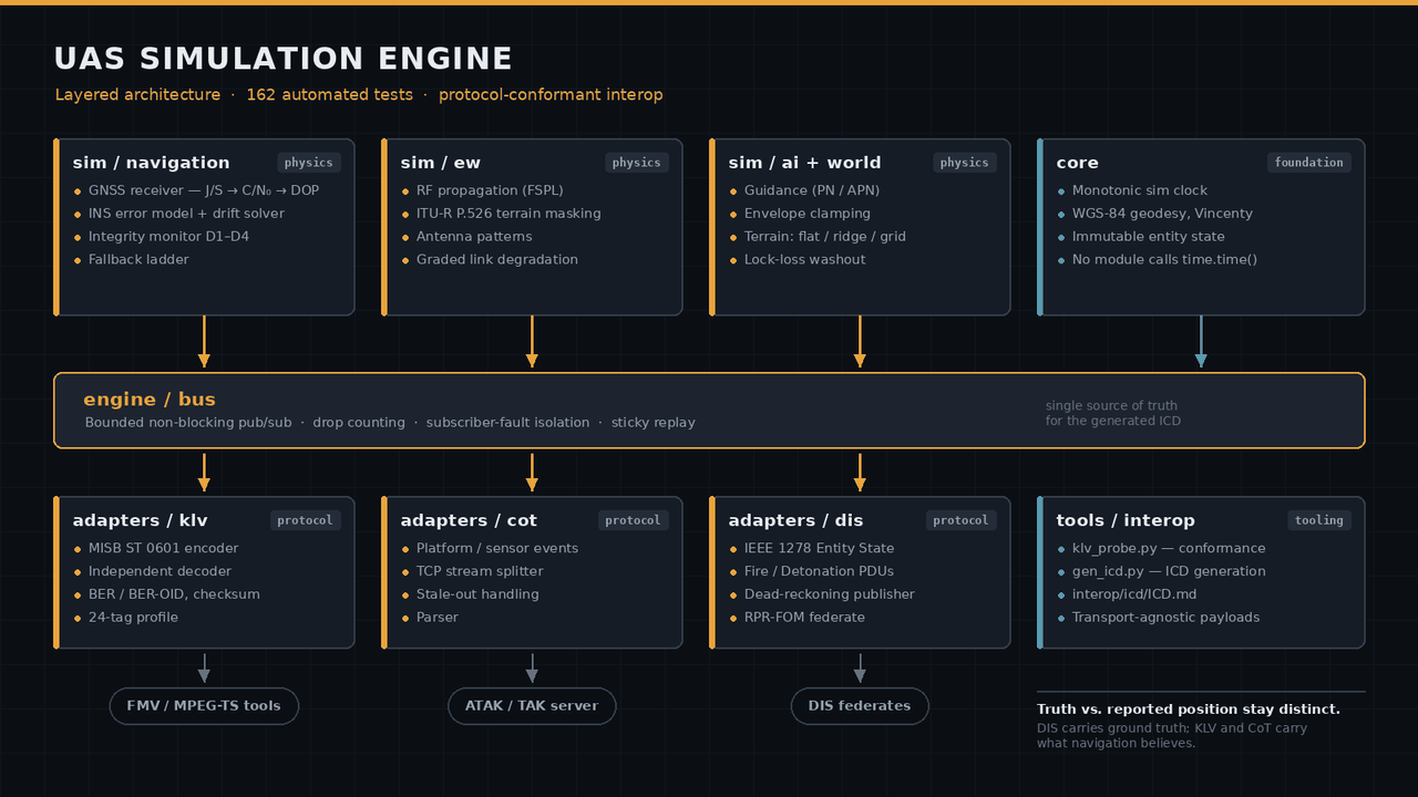 Layered architecture diagram of the UAS simulation engine